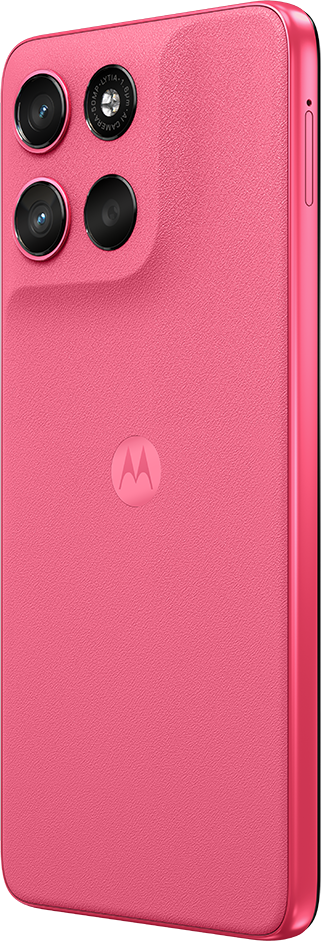 Egy rózsaszín Motorola okostelefon hátoldala, három kamerával és Motorola logóval.