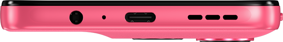 Egy rózsaszín okostelefon portokat mutat: fülhallgató-csatlakozó, USB-C és hangszóró.