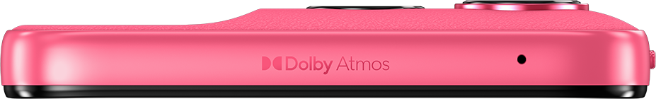 Egy rózsaszín készülék Dolby Atmos logóval és egy kis fekete pöttyel.