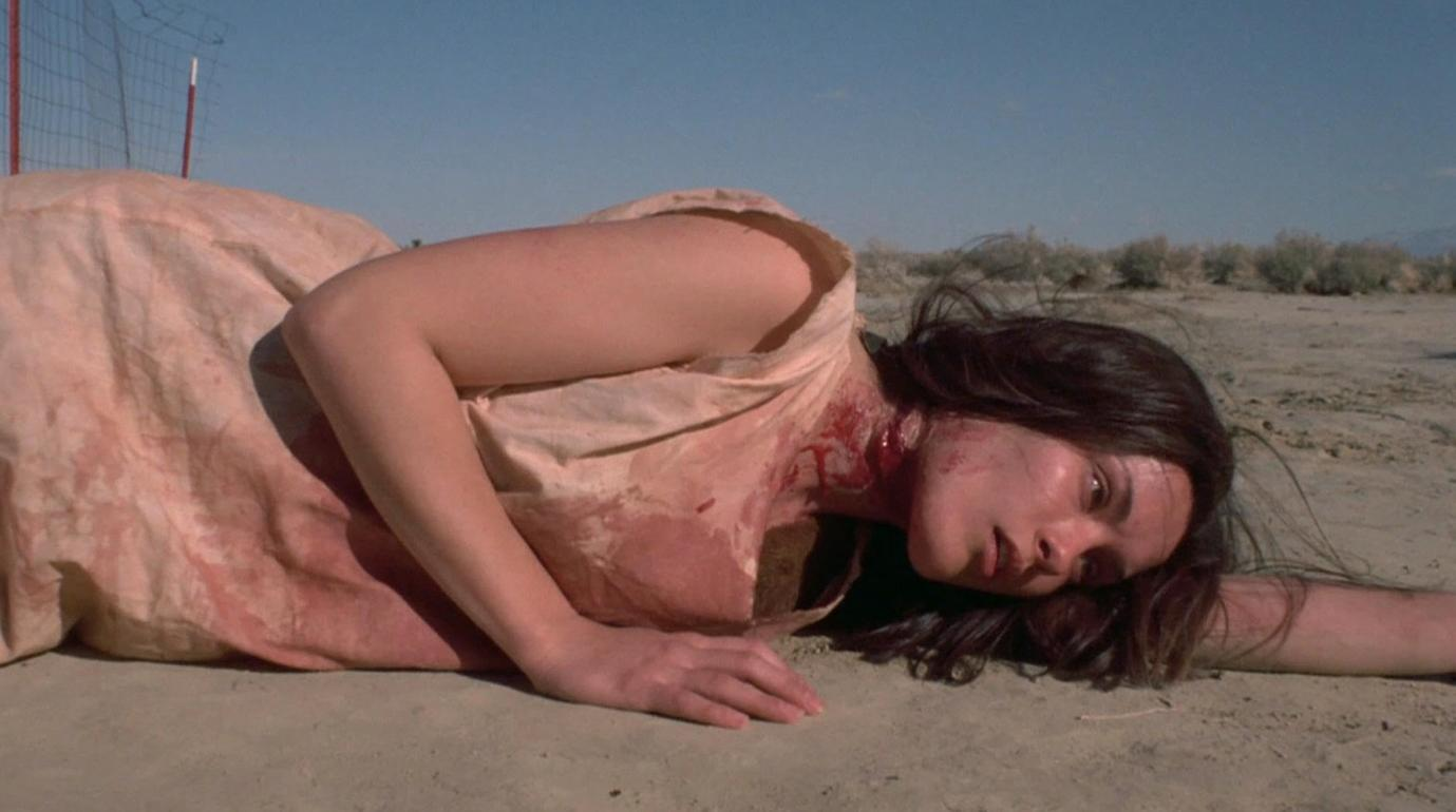 Eine Frau liegt im Sand, ihr Kleid ist blutig. Im Hintergrund ein Zaun und Büsche.