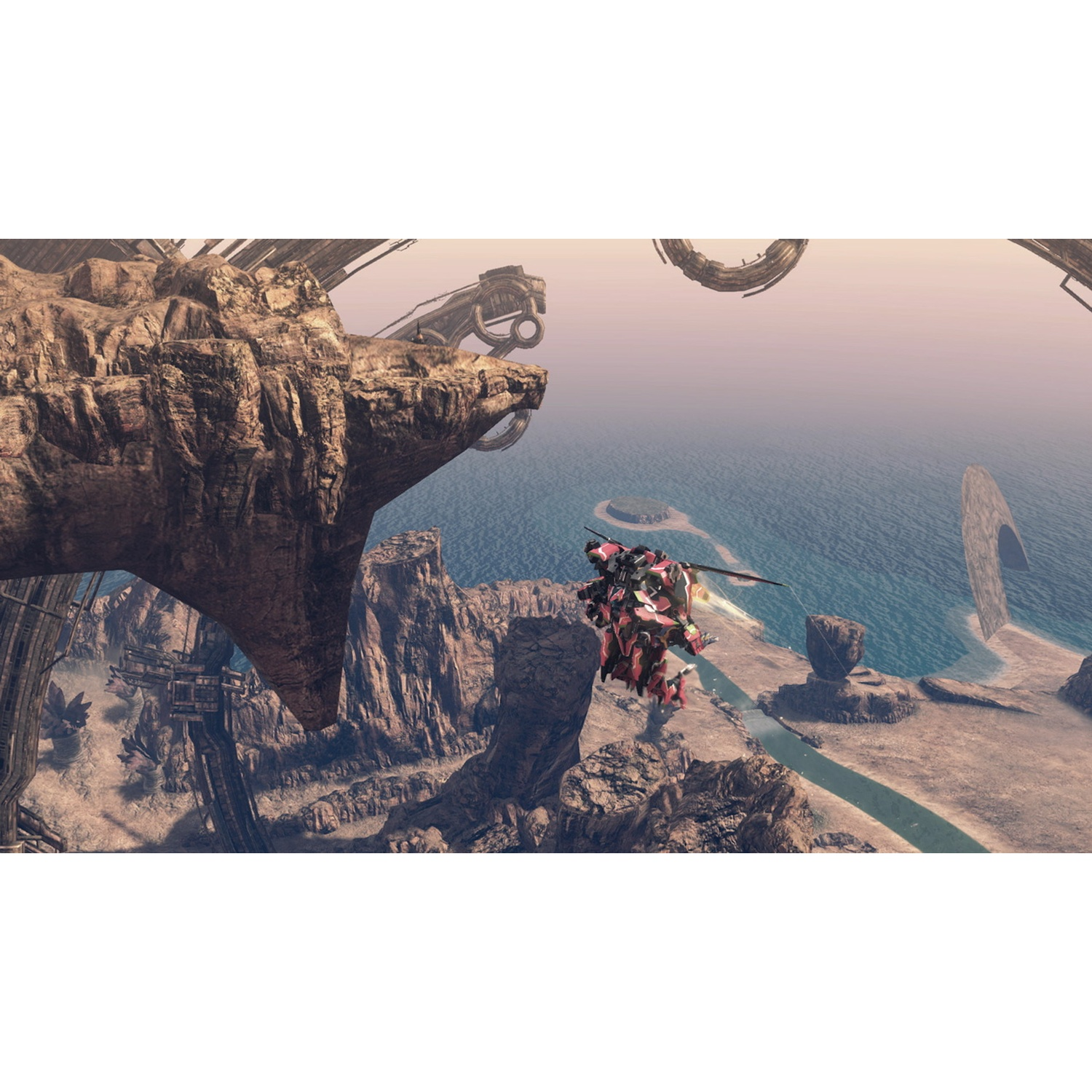 A red and black mech flies over a rocky, alien landscape with water and strange structures.