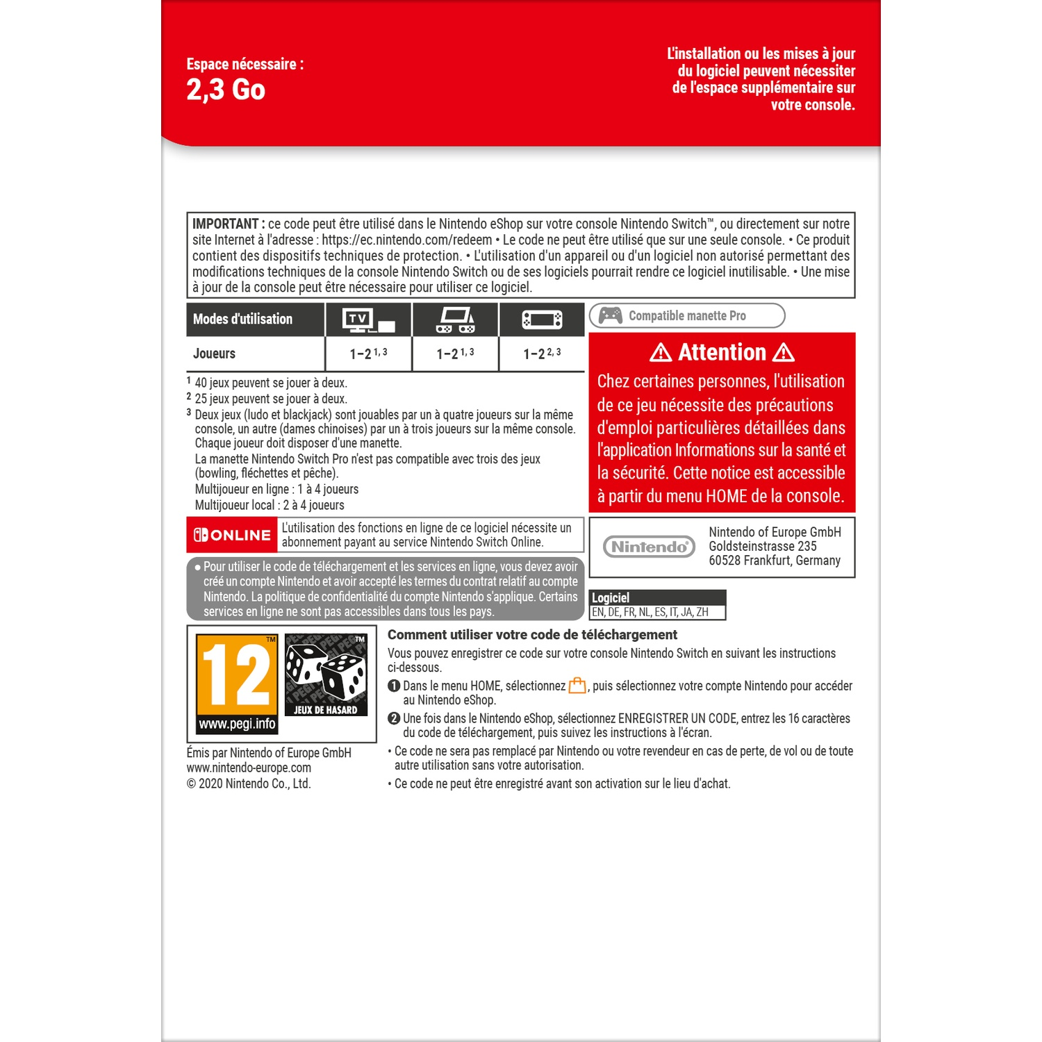 Nintendo Switch info: Space, modes, players, online use & download code instructions.