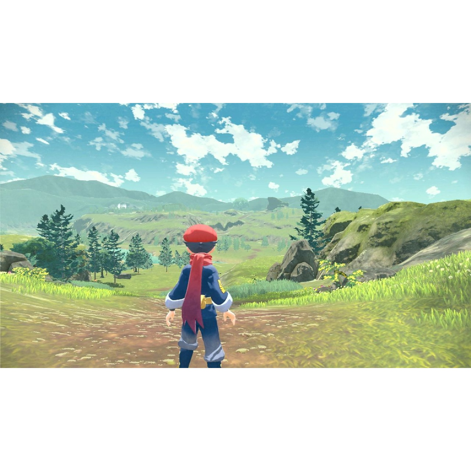 A character in blue clothes with a red hat stands on a field with trees and mountains.