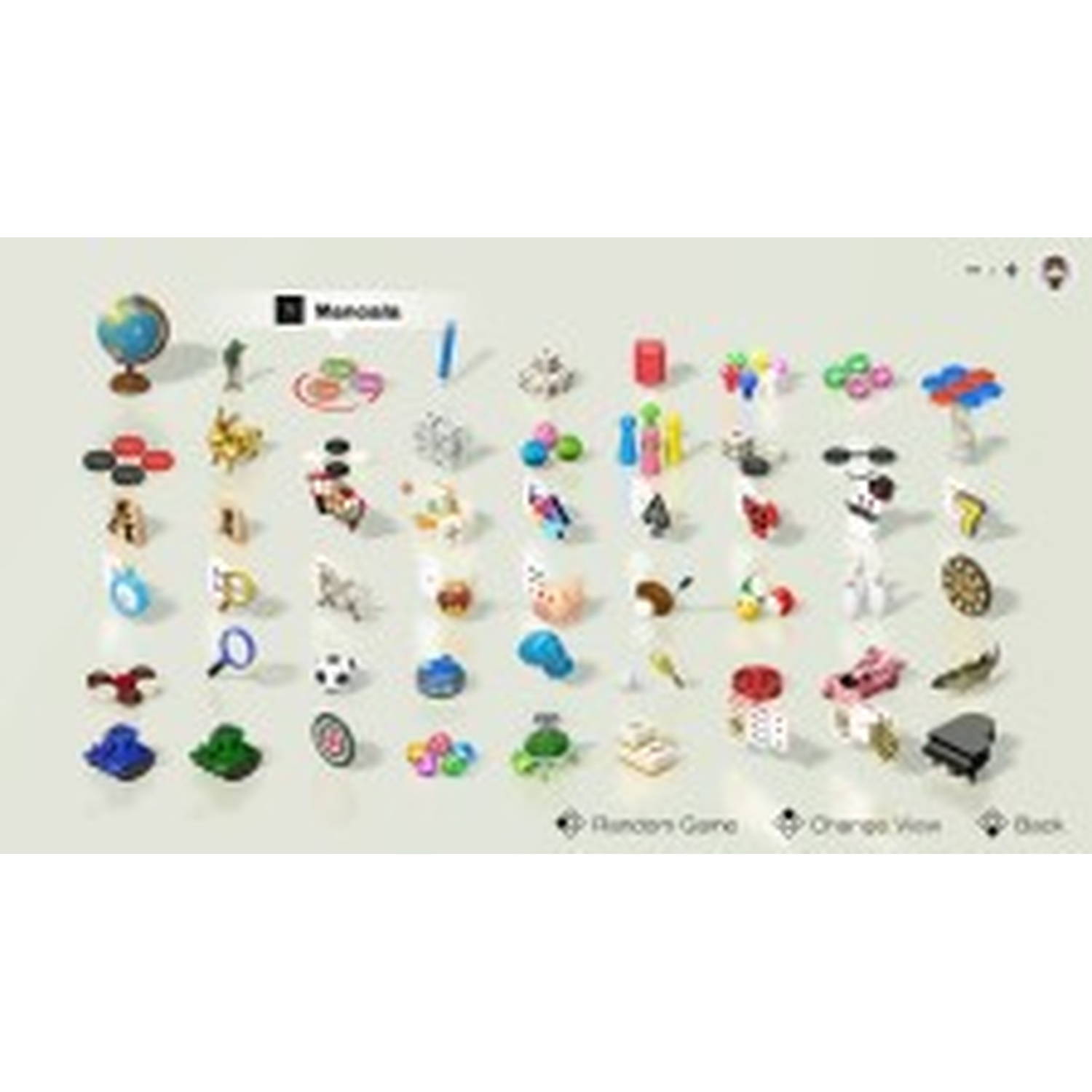 A collage of small toy objects, including a globe, soccer ball, and piano.