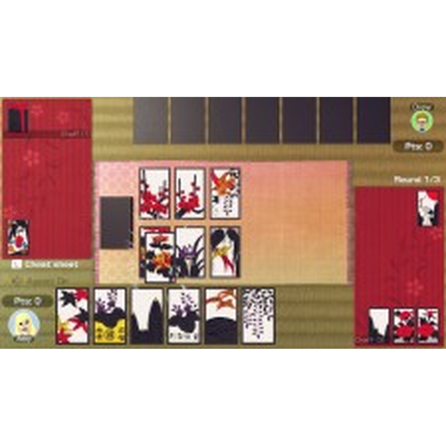 A digital card game with Japanese Hanafuda cards displayed. Several cards are laid out.