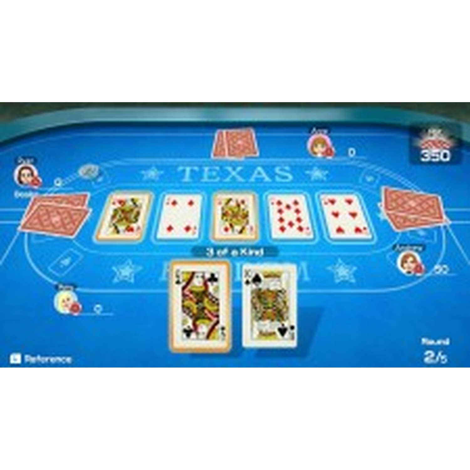 Texas Hold'em playing table with cards and players. Cards show three of a kind and two kings.