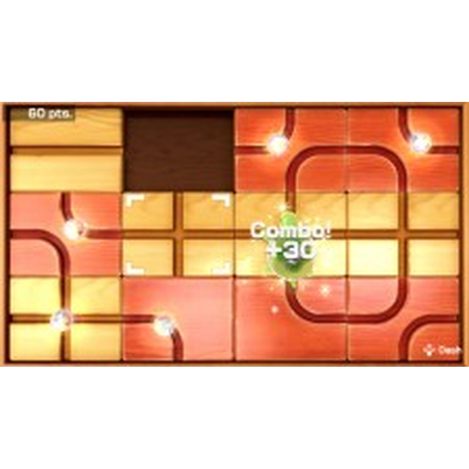 A digital game board with wooden and red tiles, showing 60 pts and Combo! +30.