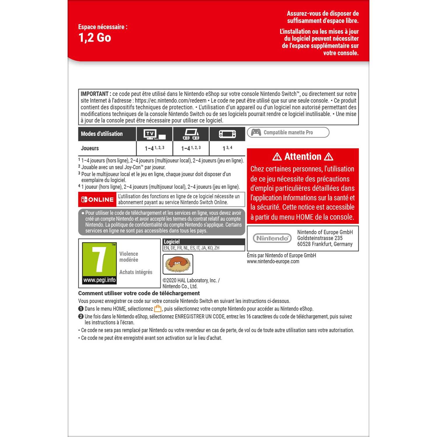 Nintendo Switch Download Code: 1.2 GB space, game modes, PEGI 7 rating.