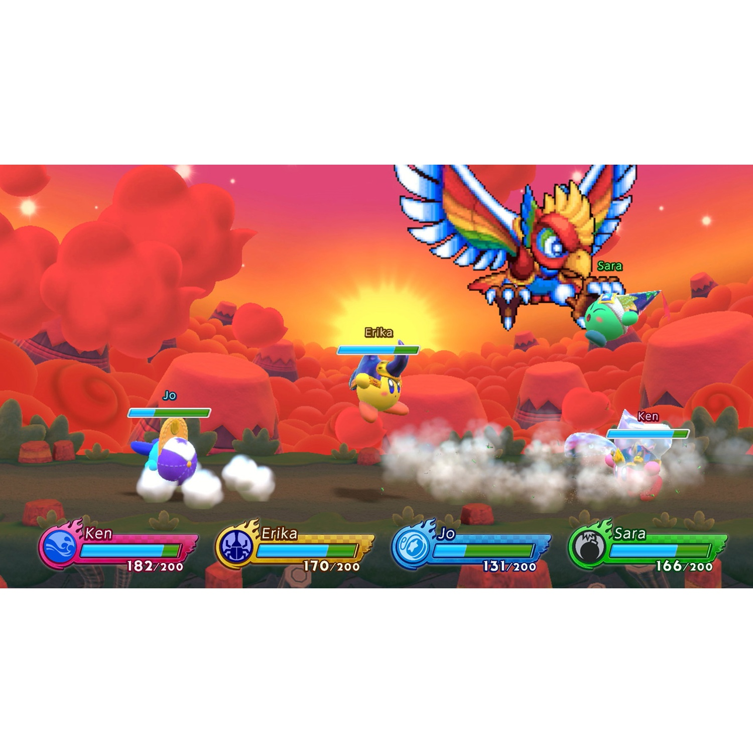 Colorful birds fight small characters in a red, cloud-like landscape.