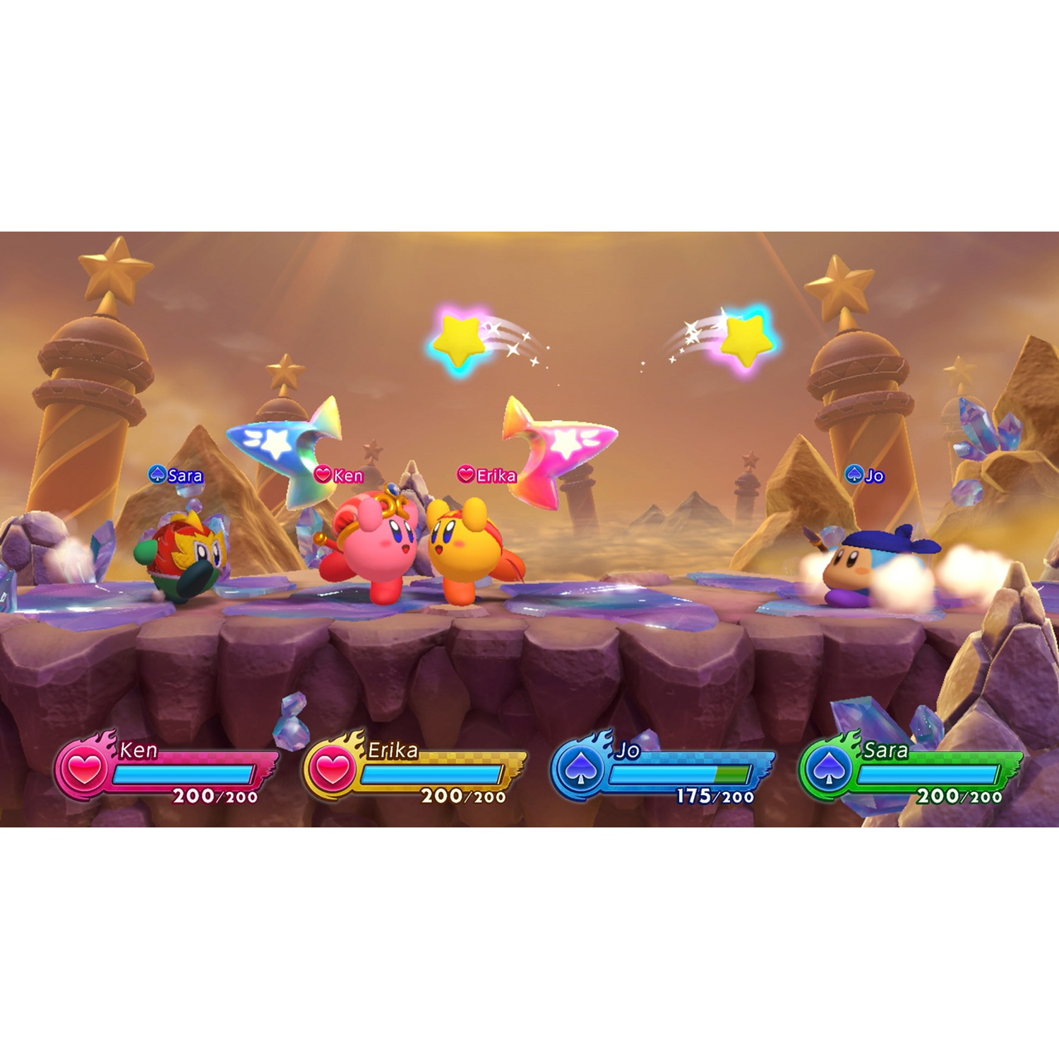 Four characters on a platform, stars in the sky, golden towers.