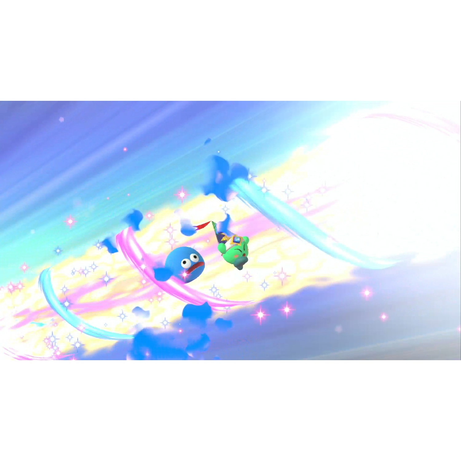 A blue slime and a green character move through a colorful sky with stars.
