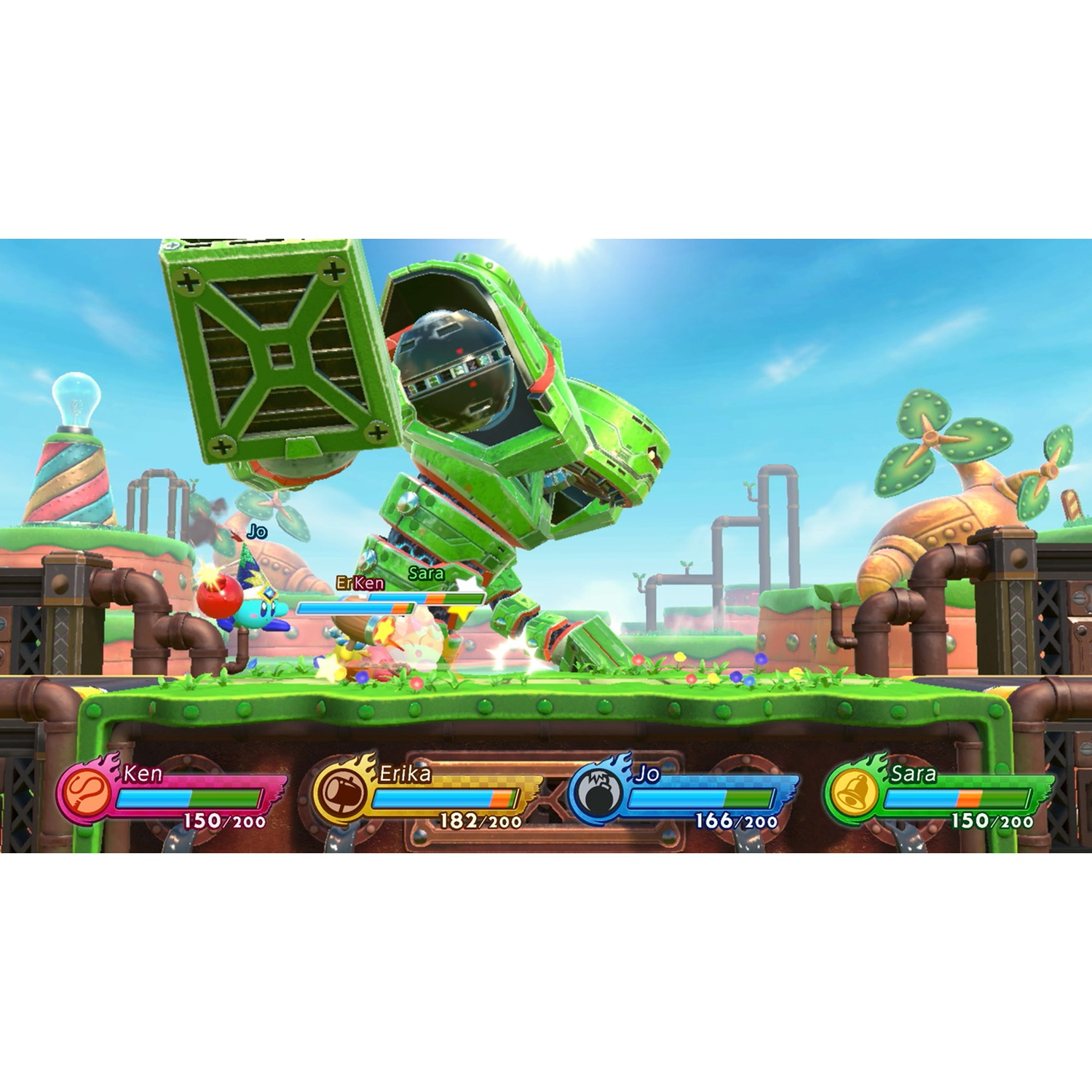 A green robot lifts a box. Characters battle on a green platform.