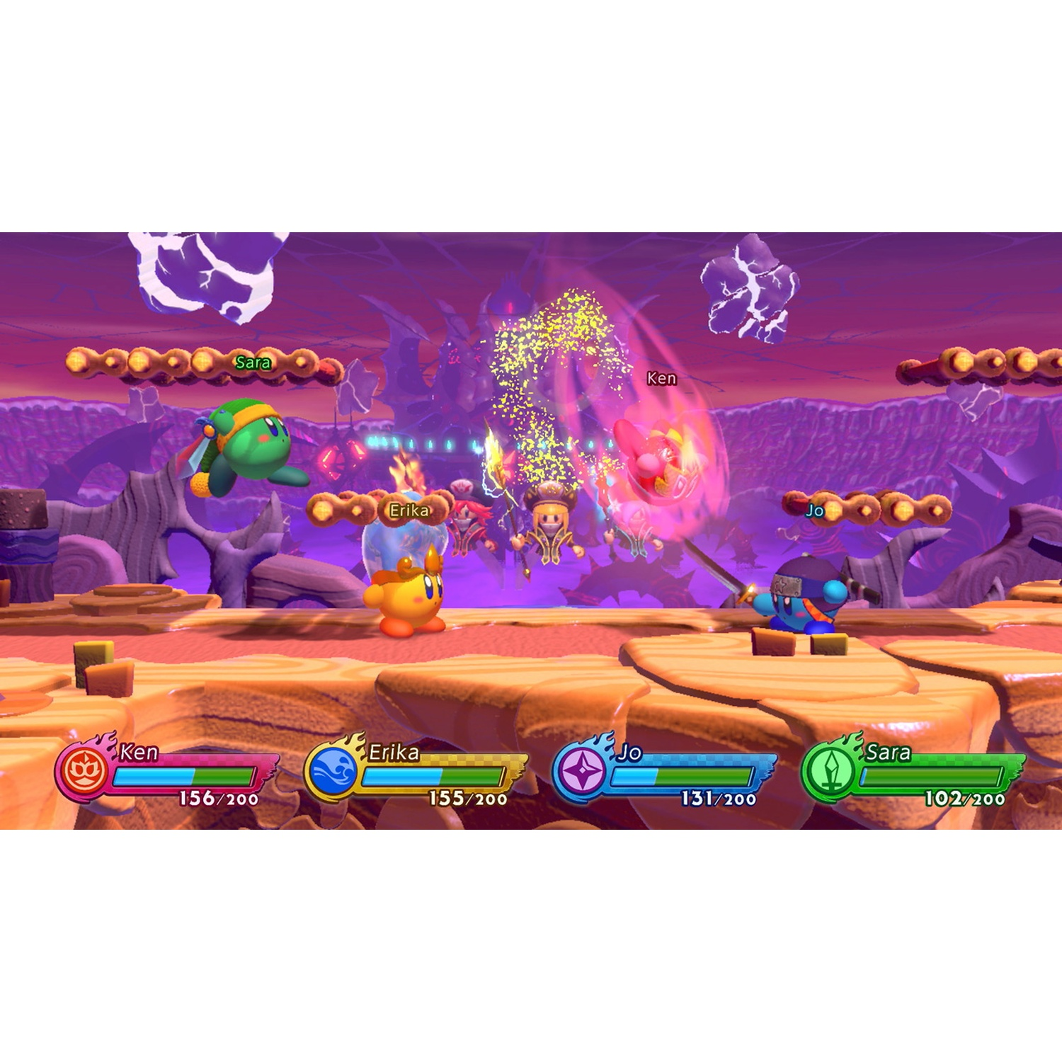 Four characters battle in a purple, rocky world with a pink sky.