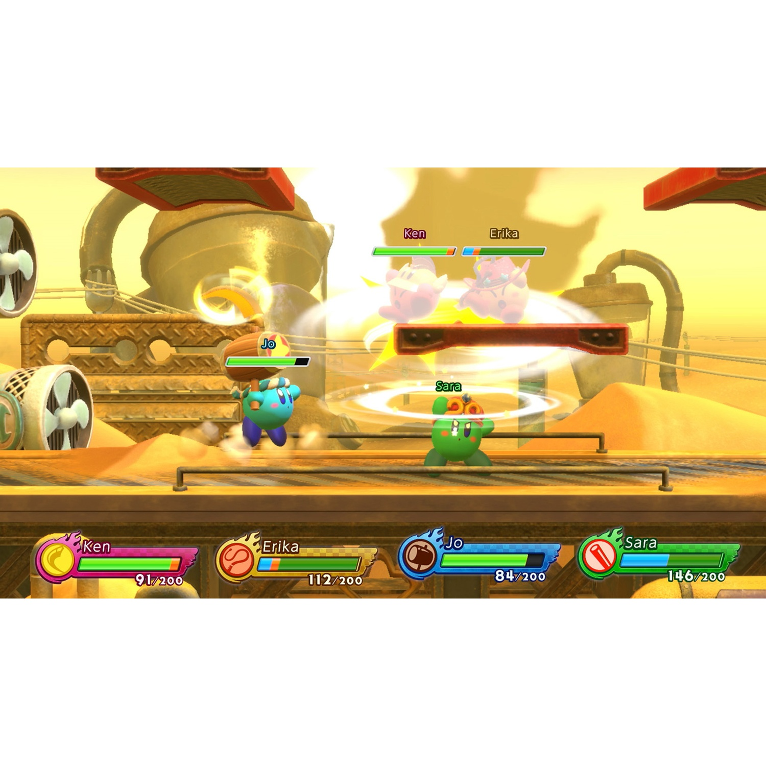 Four characters in a desert battle game; two characters fighting, two characters standing by.