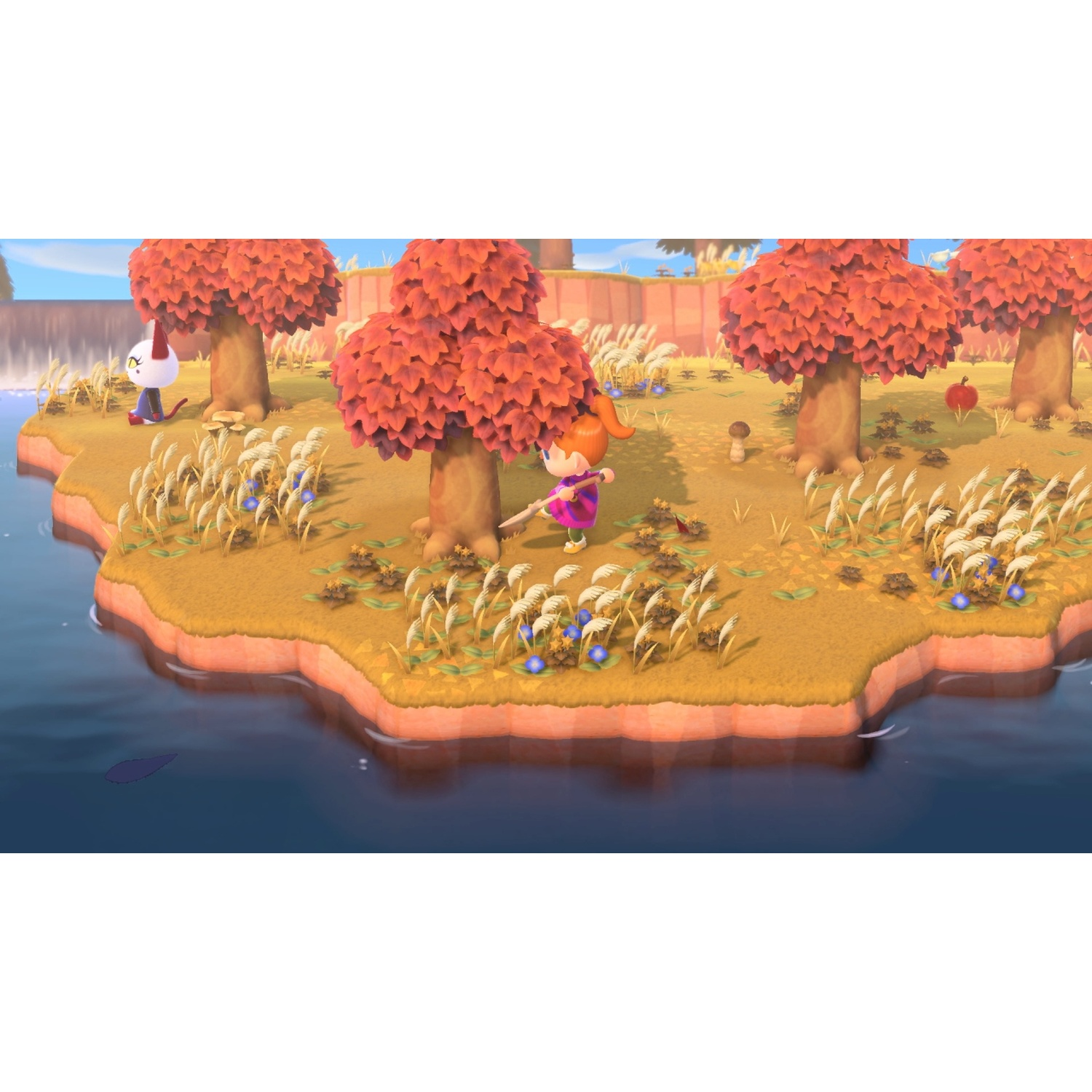 Autumn island with red trees, a character, and a cat villager.