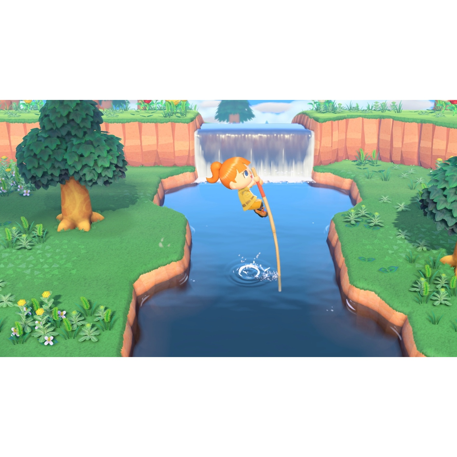 A character jumps over a river with a pole vault in front of a waterfall.