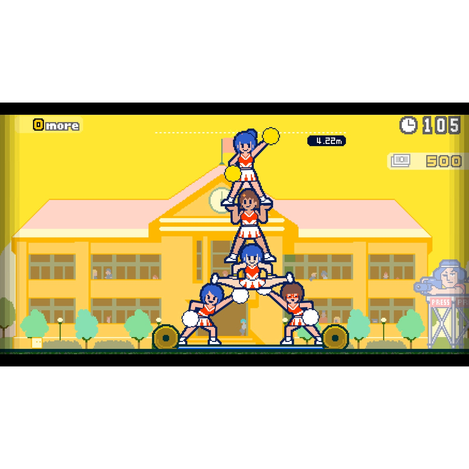Pixelated cheerleaders form a pyramid in front of a yellow school building.