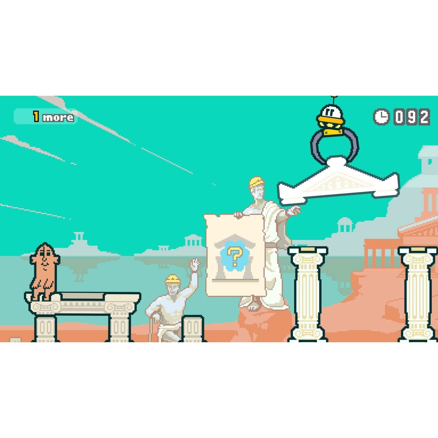 Pixel art game scene with ancient statues, columns, and a crane holding a piece.