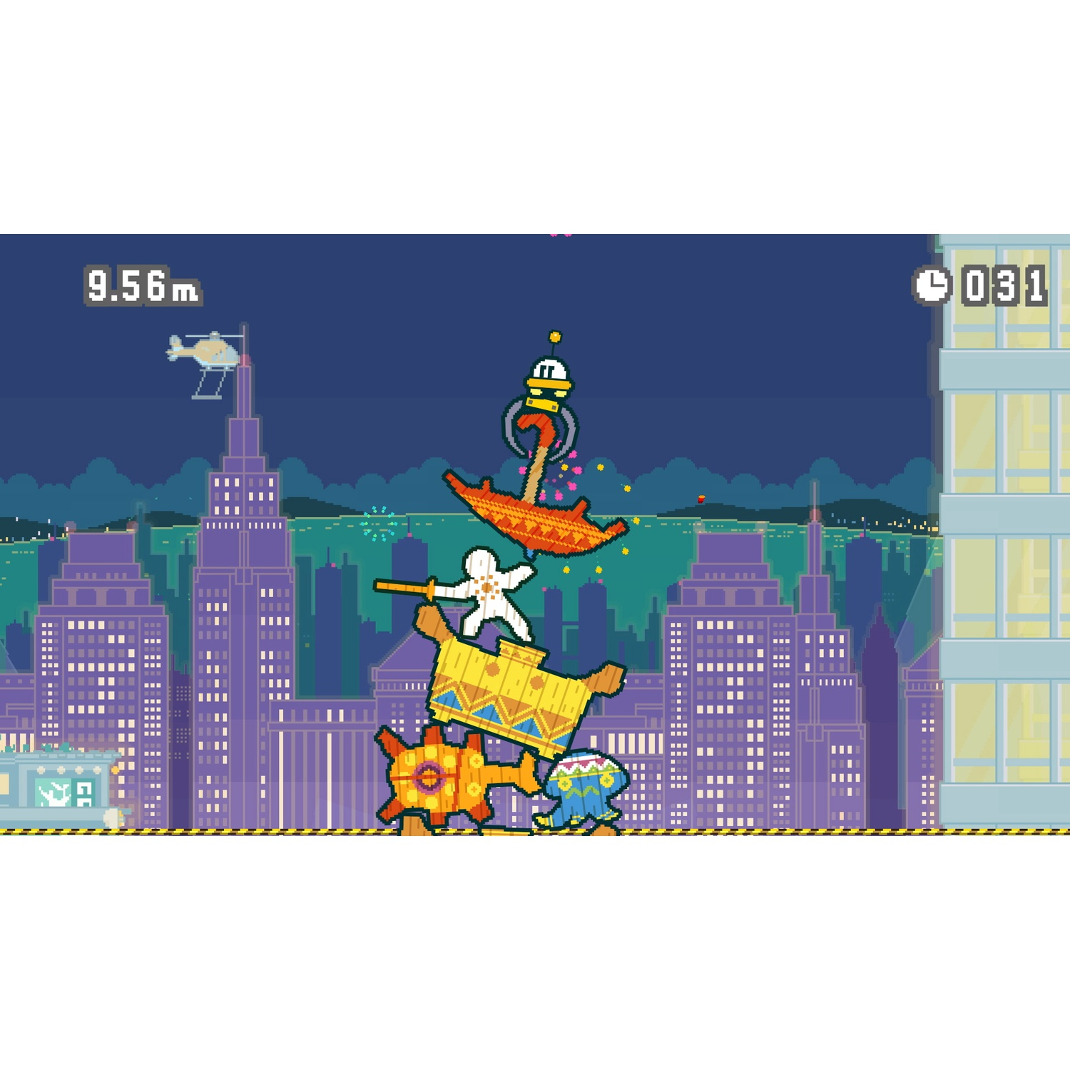 Pixel city landscape with stacked characters and a helicopter.