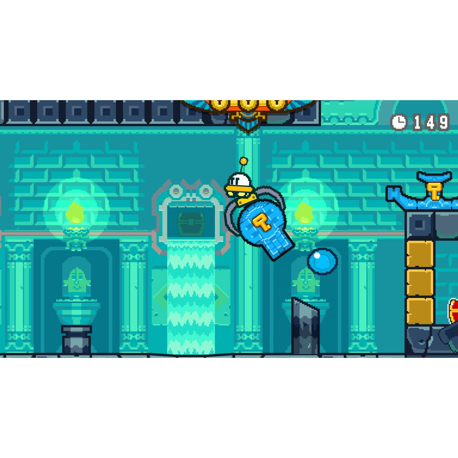 A robot with a blue backpack flies in a teal room.