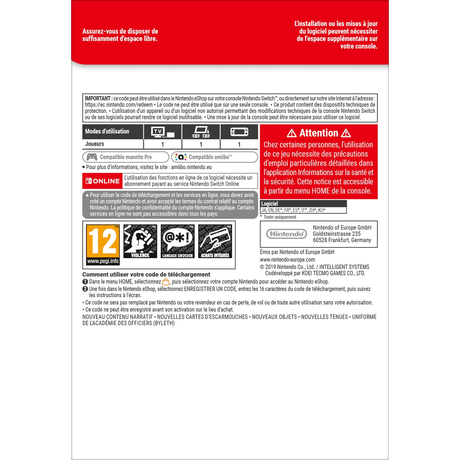 Information on Nintendo Switch, game modes, age rating, and download instructions.