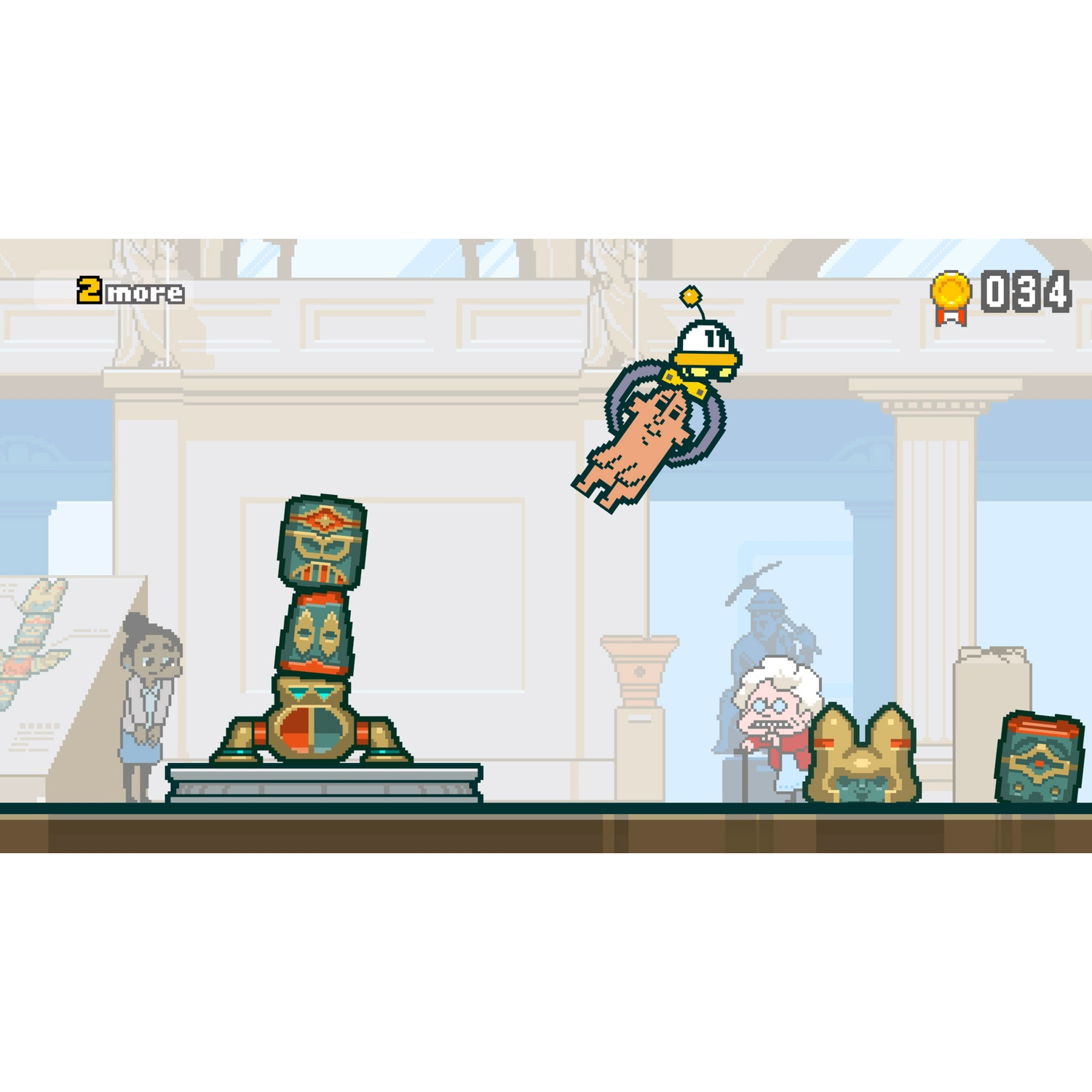 A pixel character flies with a helmet and yellow collar, in front of a museum exhibition.