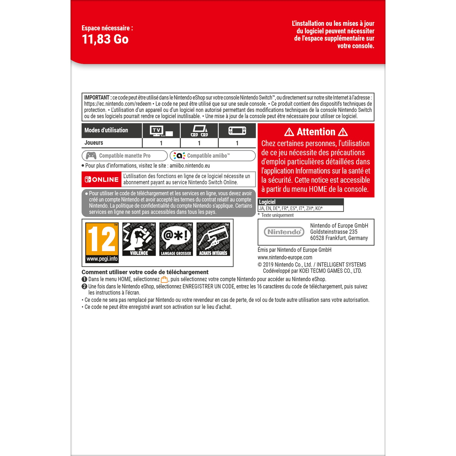 NINTENDO SWITCH software info: space needed, play modes, age rating, and usage instructions.
