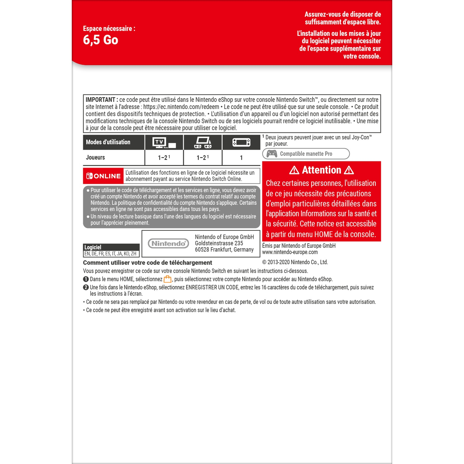 Nintendo Switch download code instructions: storage, modes, players, online use, health warning.