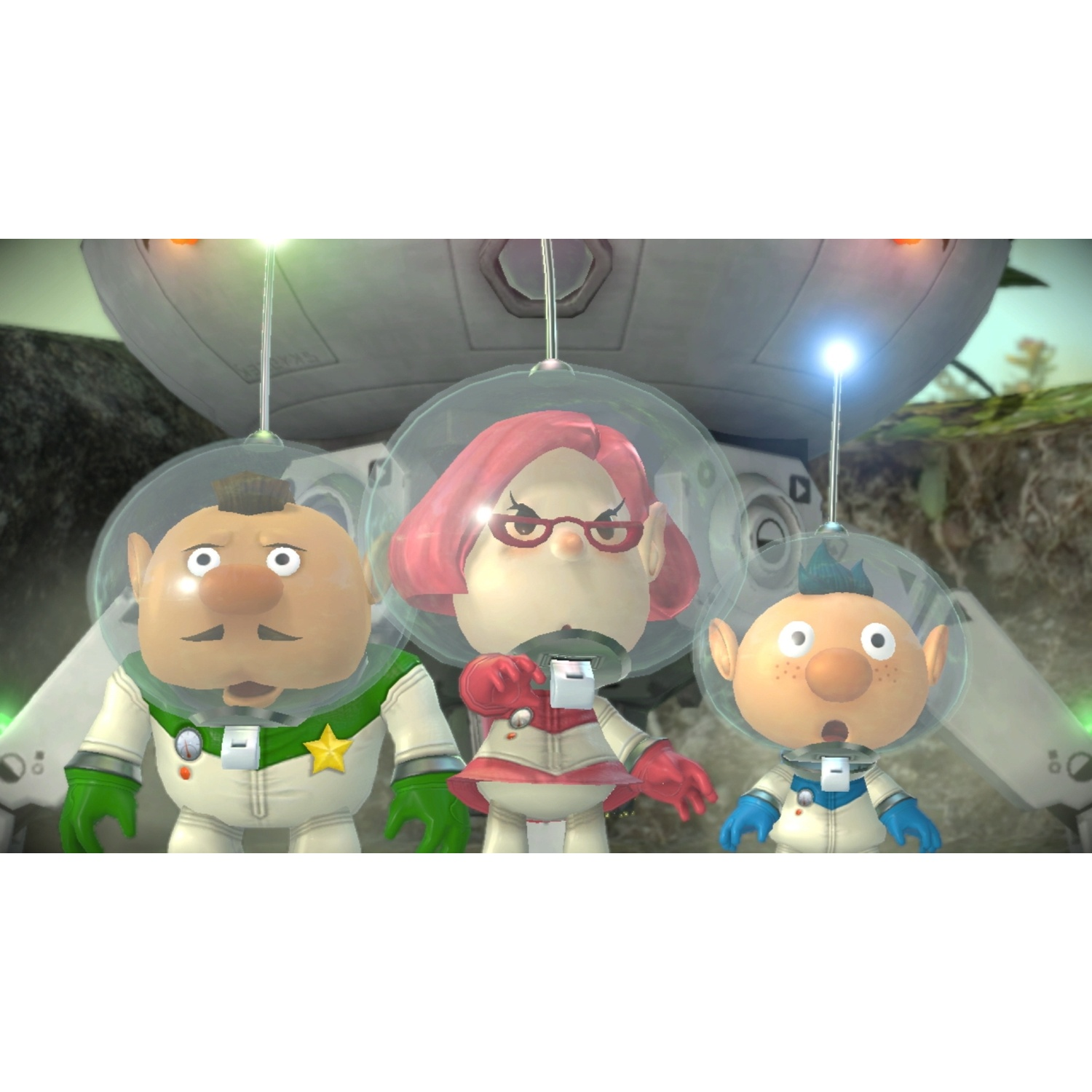 Three characters in spacesuits in front of a spaceship.