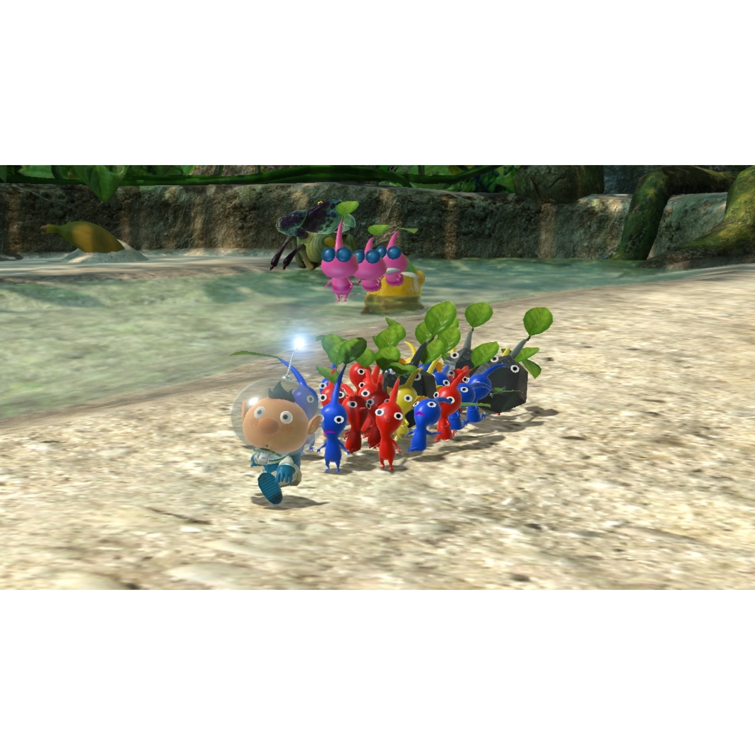 An astronaut leads a group of Pikmins on sandy ground.