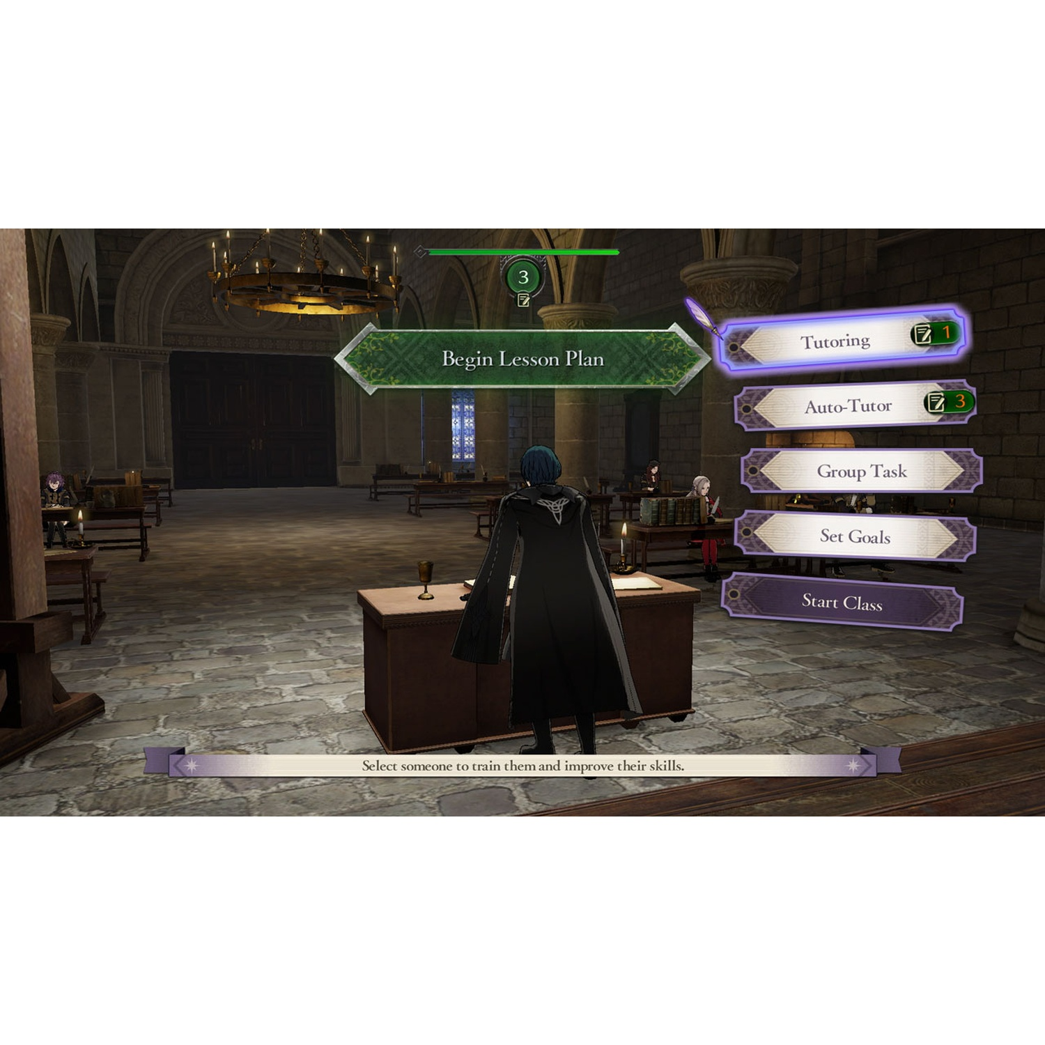 A game menu with options like Tutoring and Auto-Tutor in a schoolroom setting.
