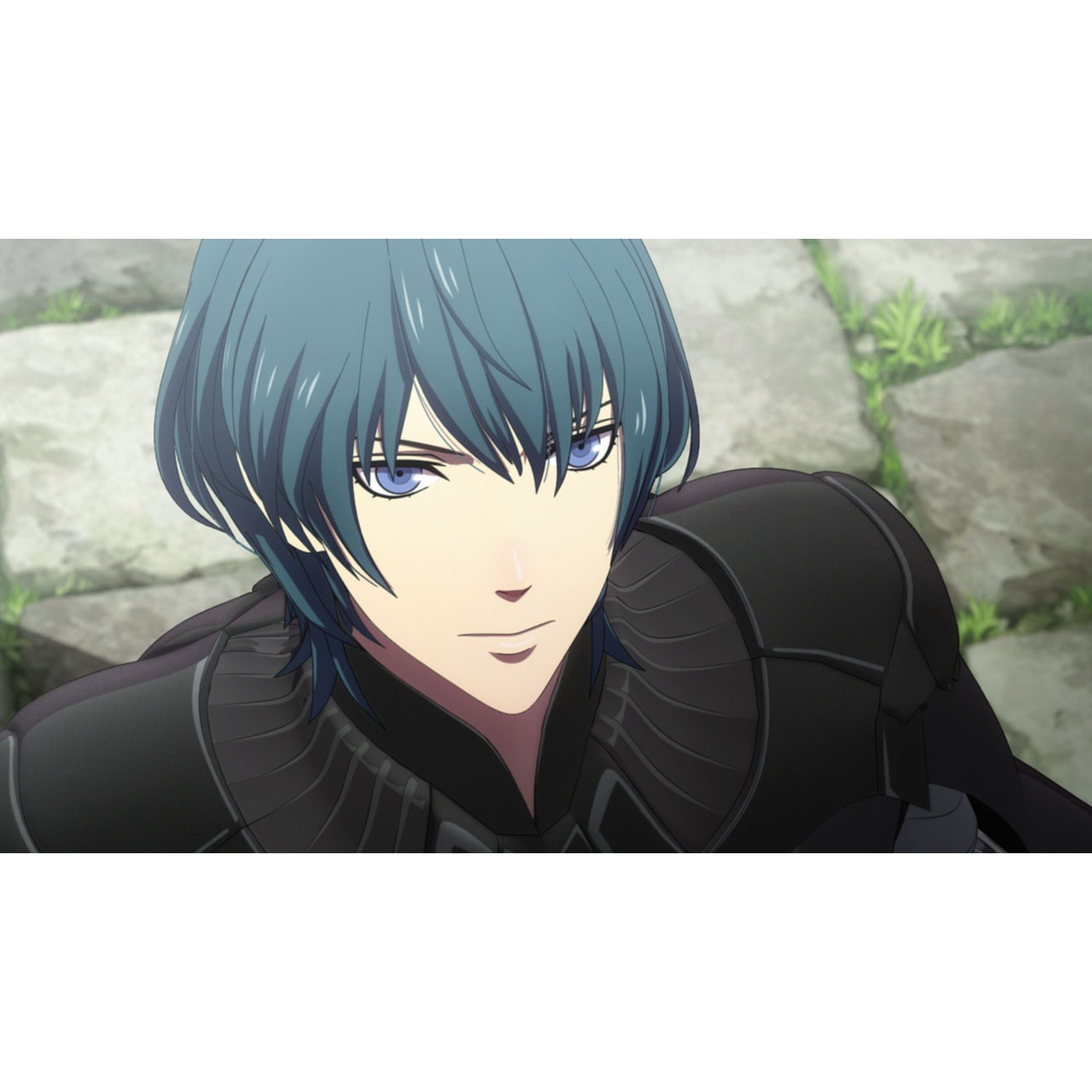 A person with teal hair and blue eyes wears black armor, looking forward.