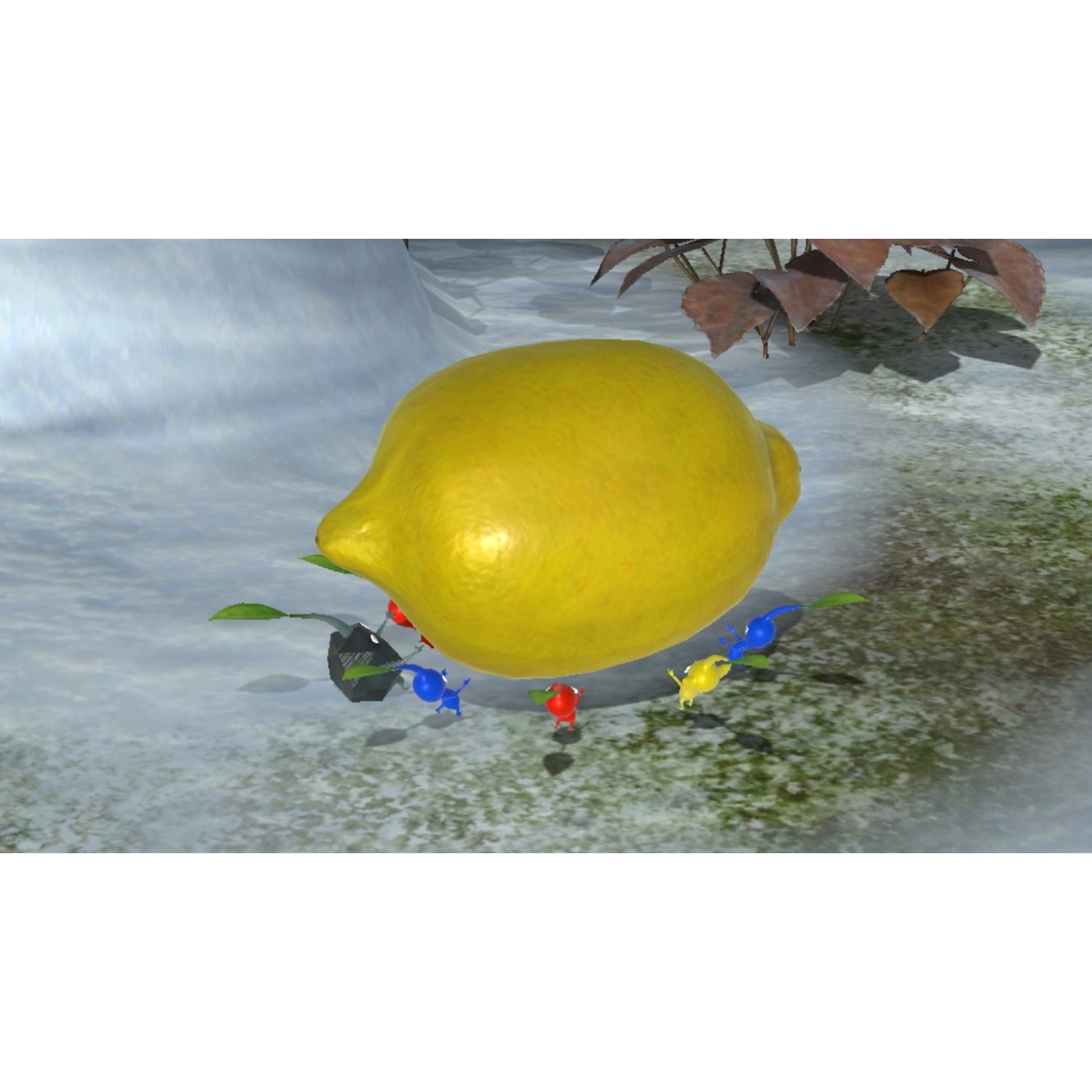 Small colorful creatures surround a large yellow lemon on icy ground.
