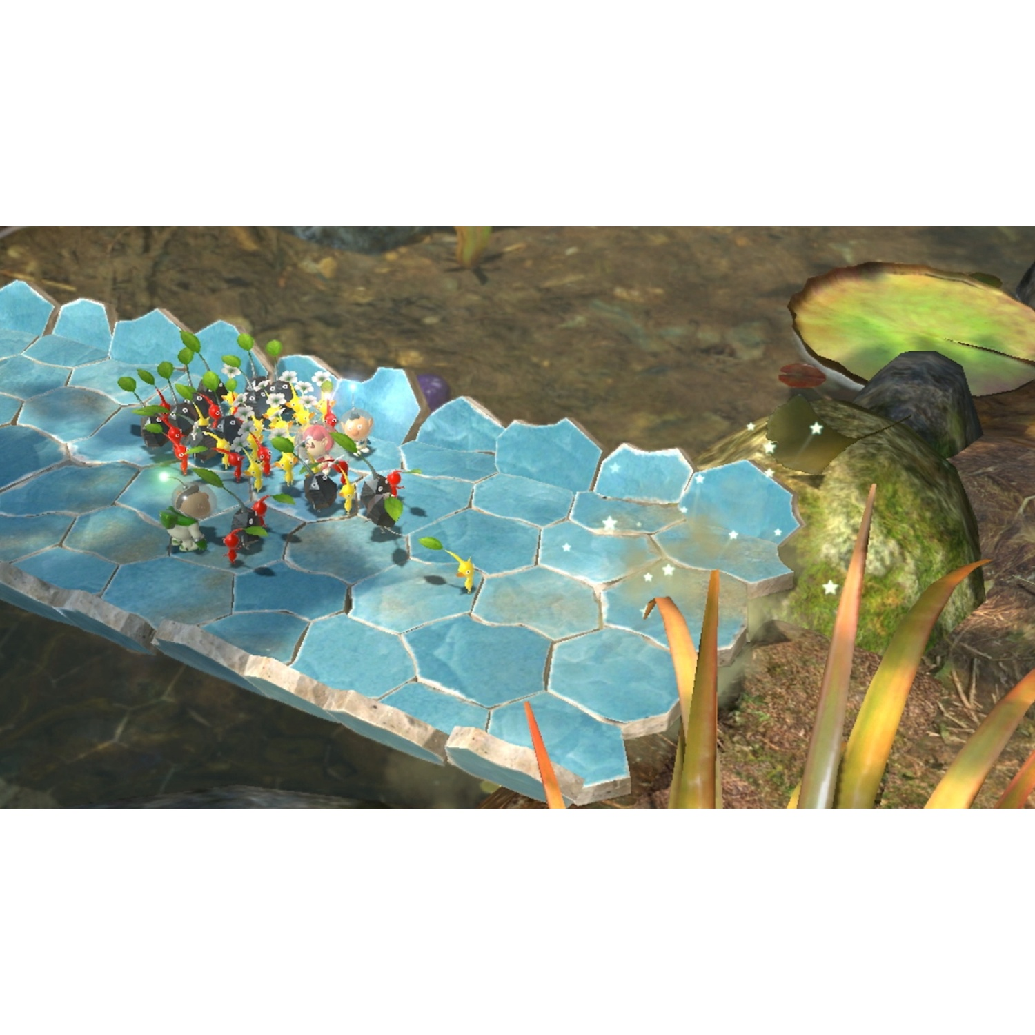 Small creatures walk on a blue, hexagonal bridge over water.