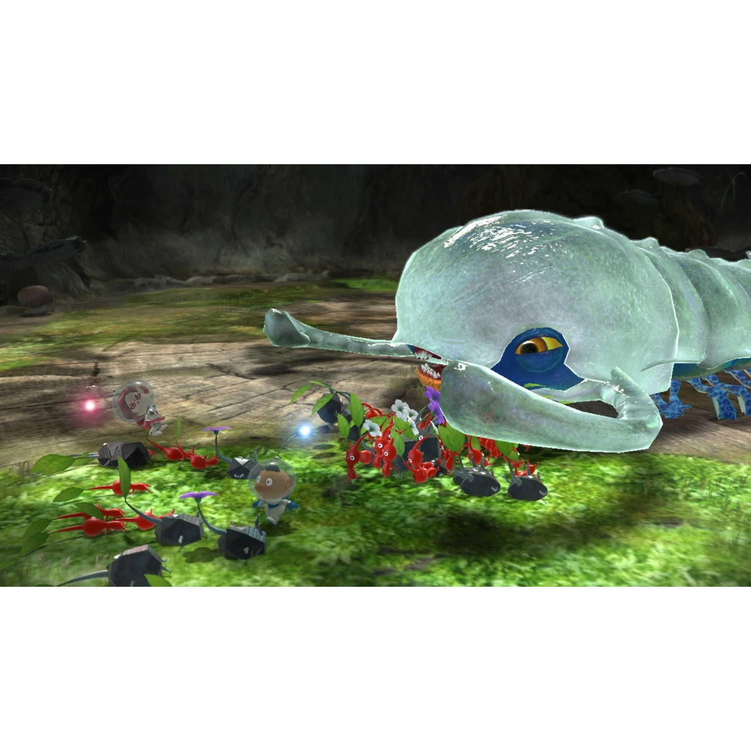 Small red and black creatures surround a blue worm with yellow eyes in a green environment.