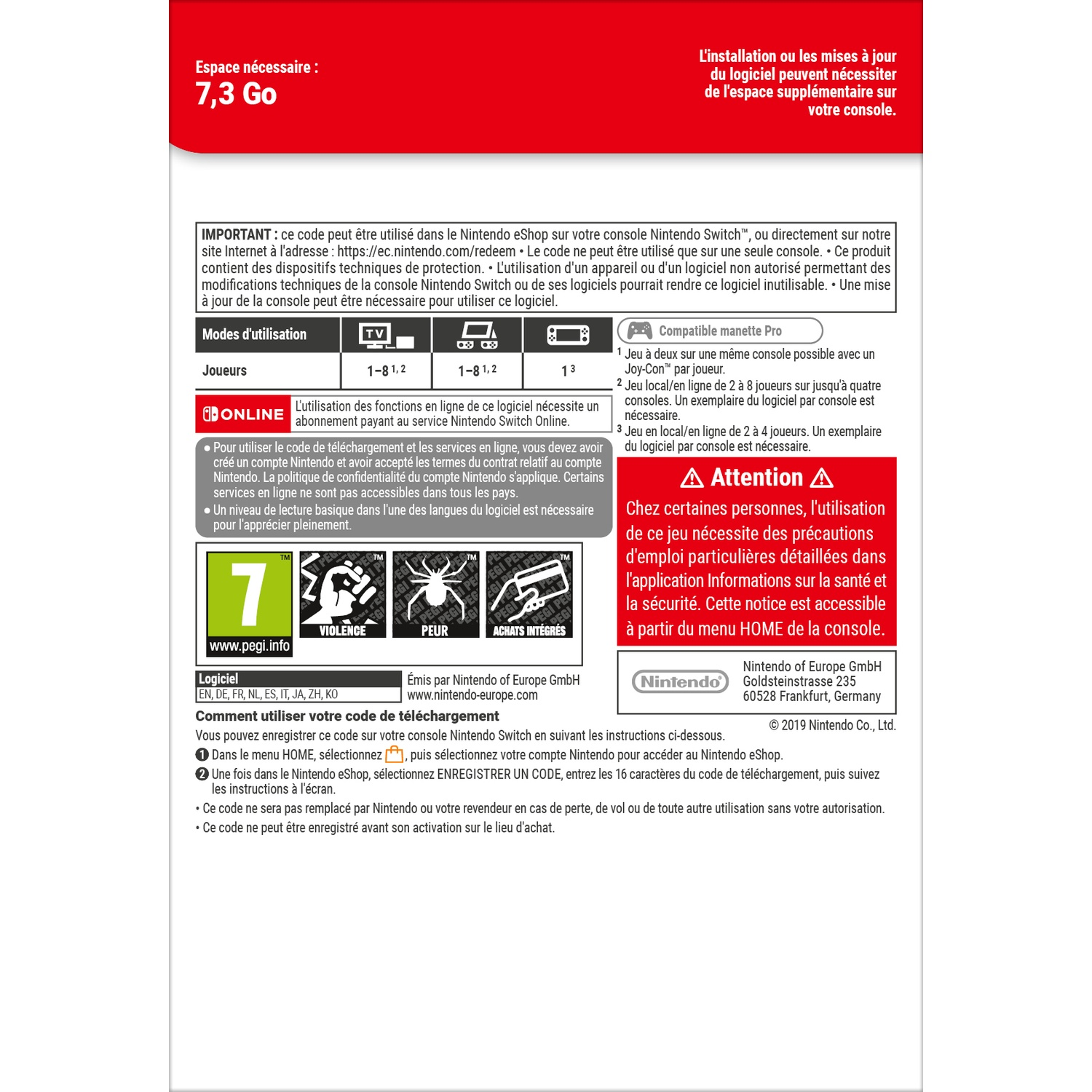 Information on Nintendo Switch software, storage space, play modes, player count, and PEGI ratings.