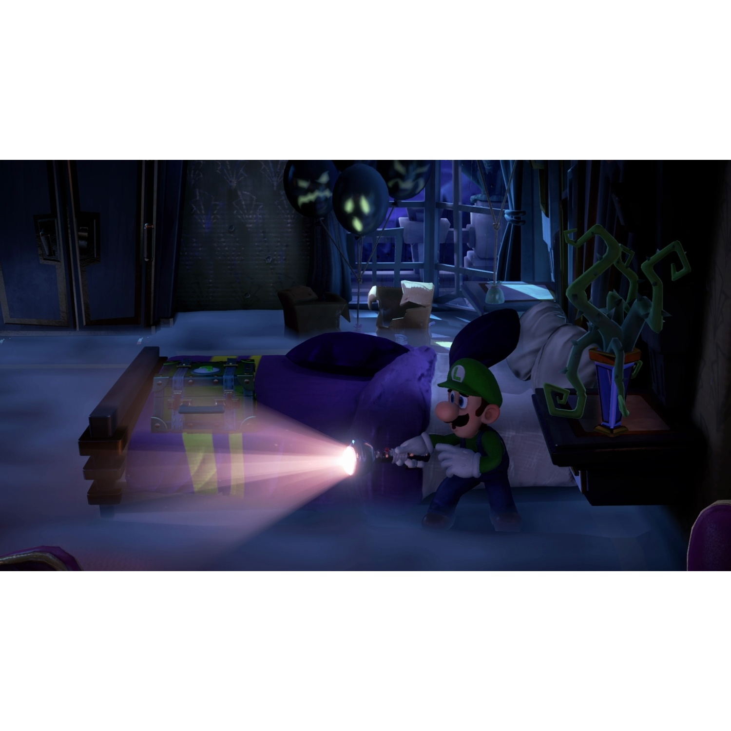 Luigi with a flashlight in a dark room with a bed and ghost balloons.