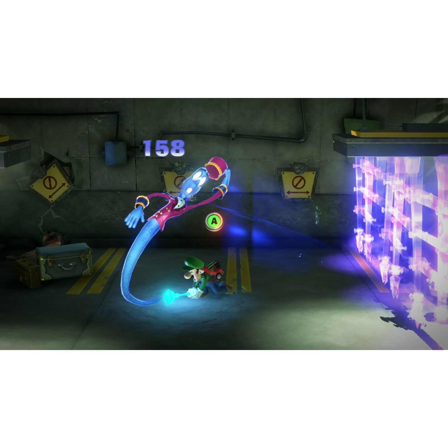 Luigi catches a ghost in a dark room with purple light.