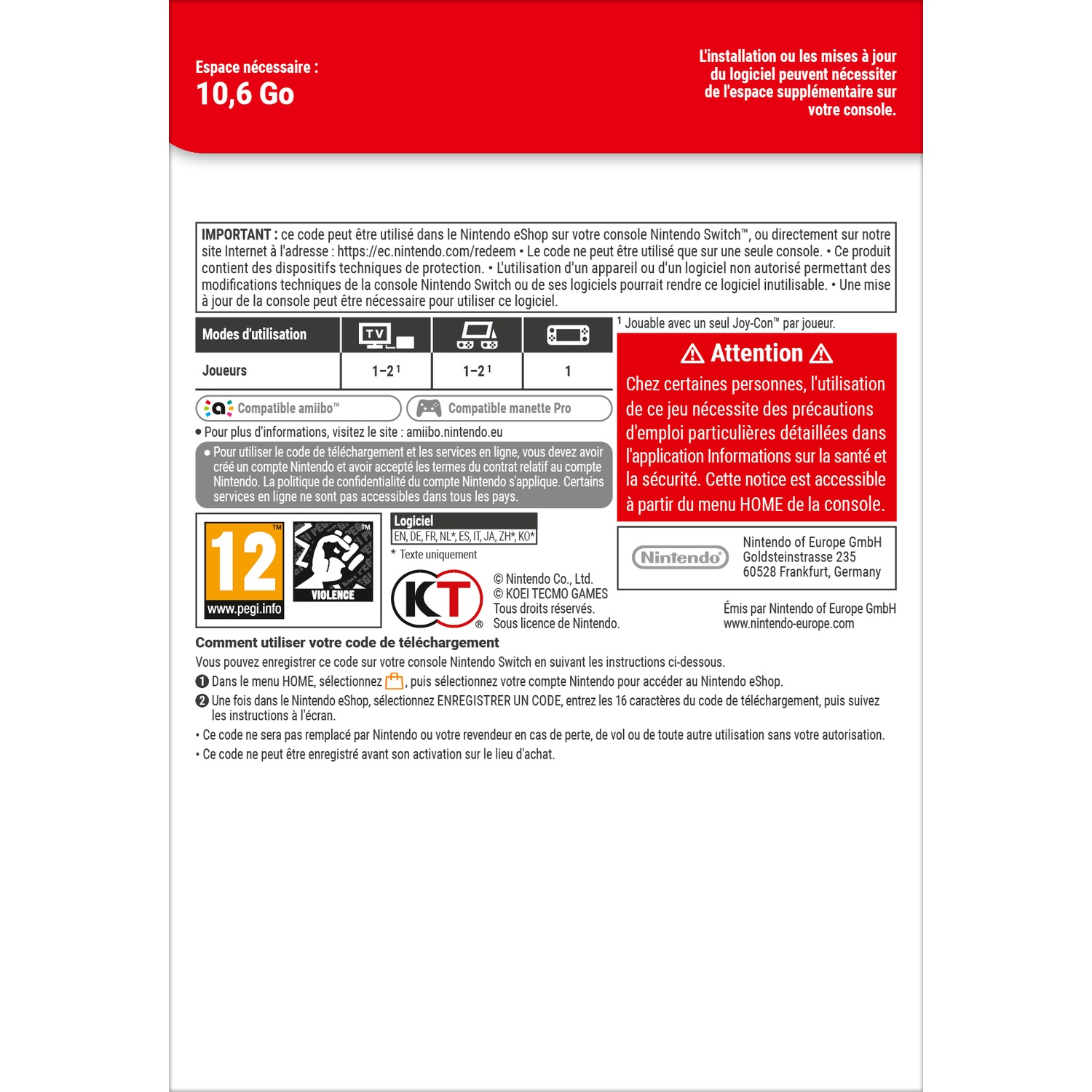 Nintendo product info with system requirements, player modes, and download instructions.