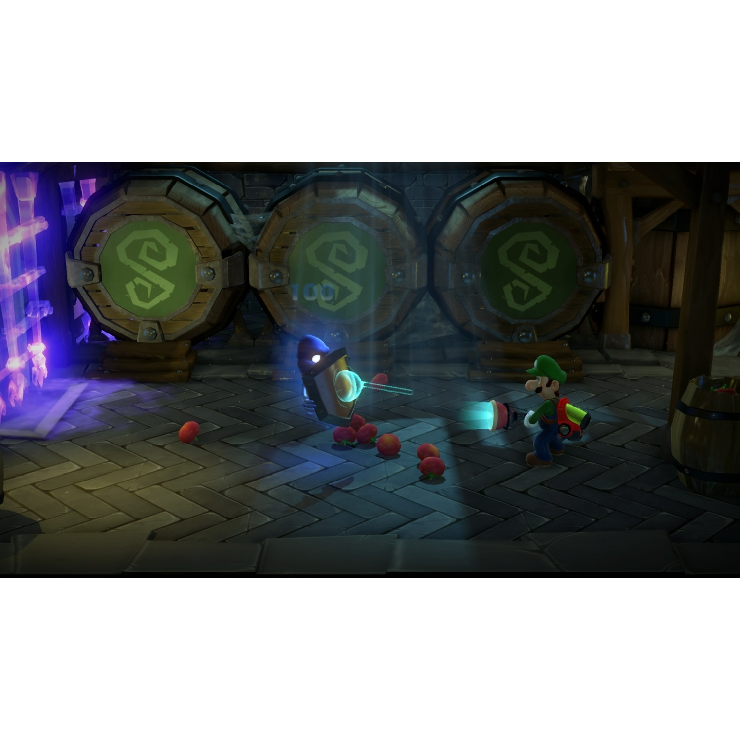Luigi with ghost-hunting gear in a room with wooden barrels and red objects on the floor.