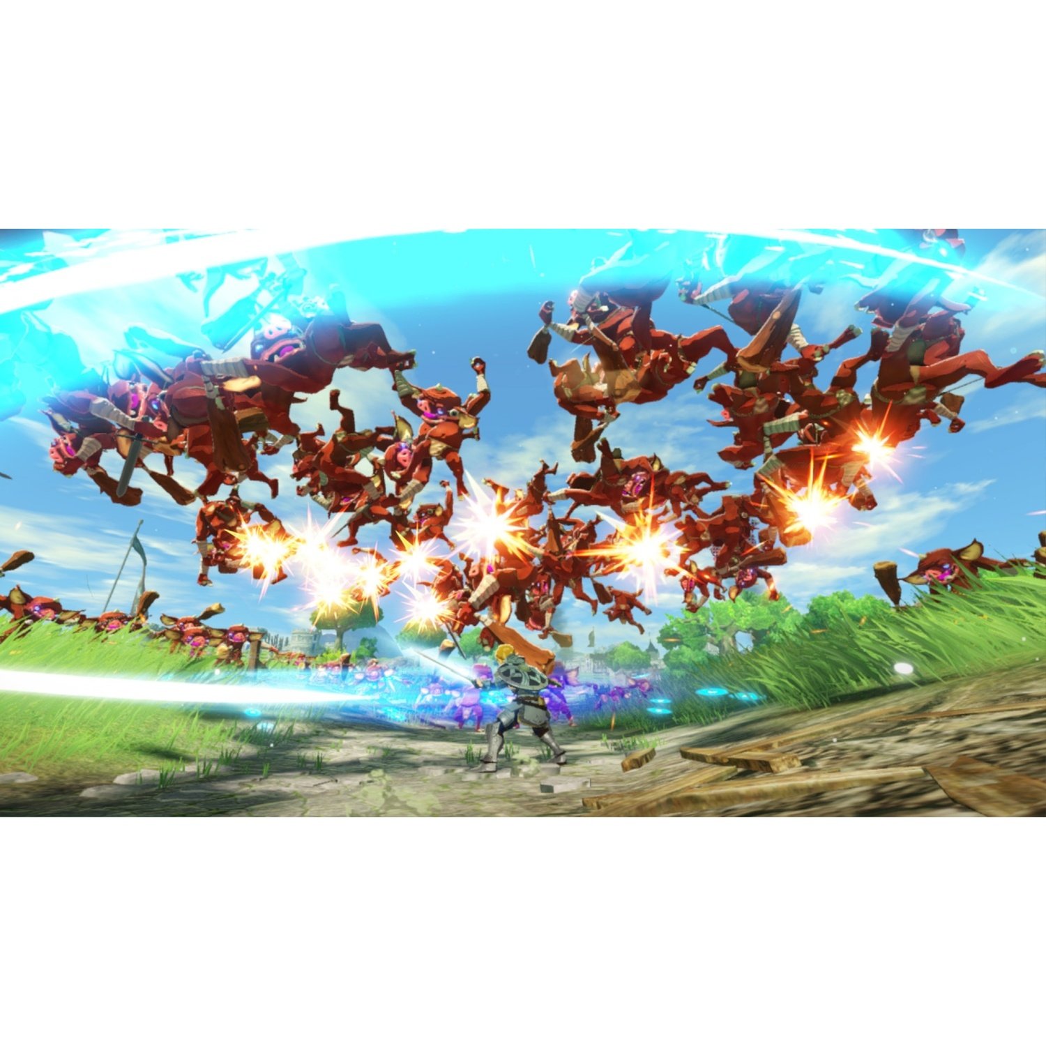A warrior battles a horde of red monsters on a grassy field.