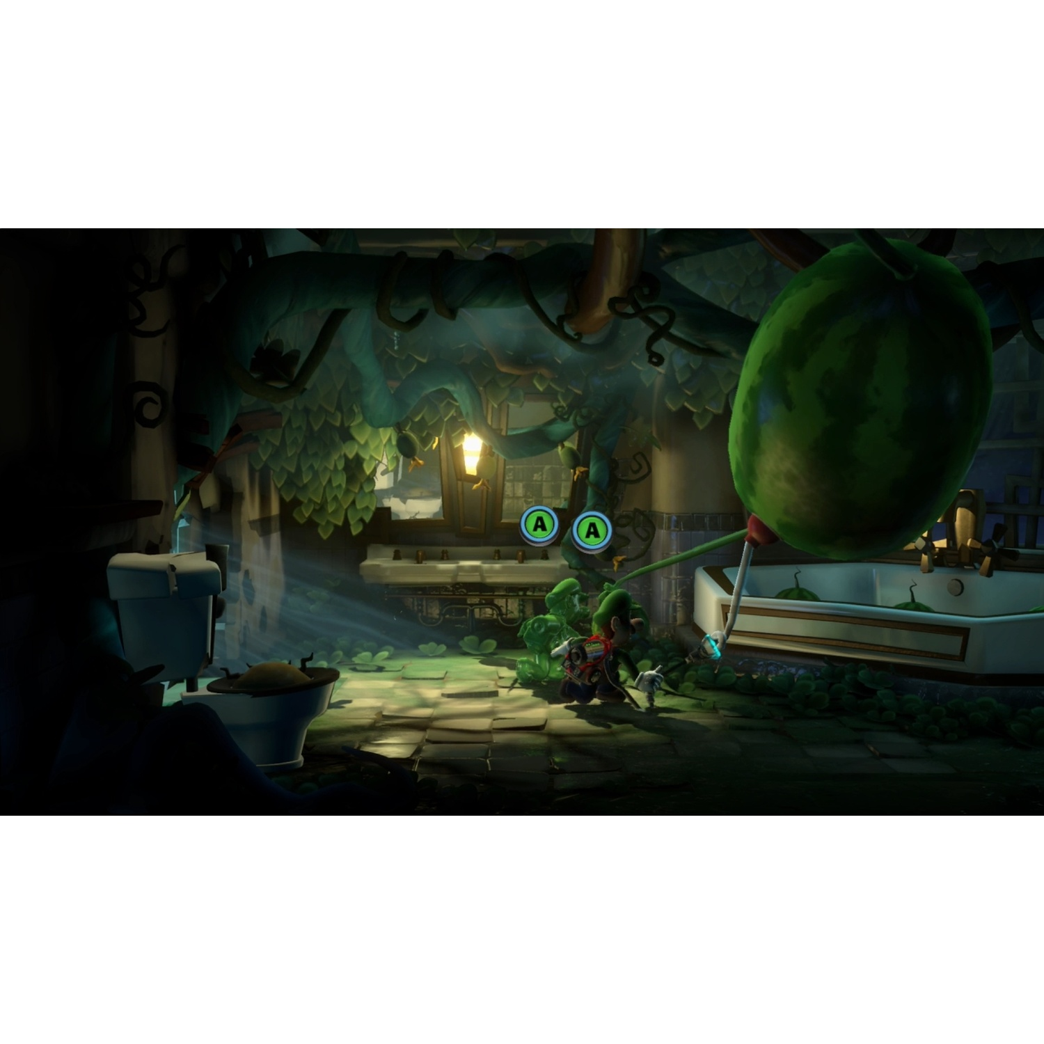 Luigi battles a giant watermelon monster in a dark, spooky bathroom setting.