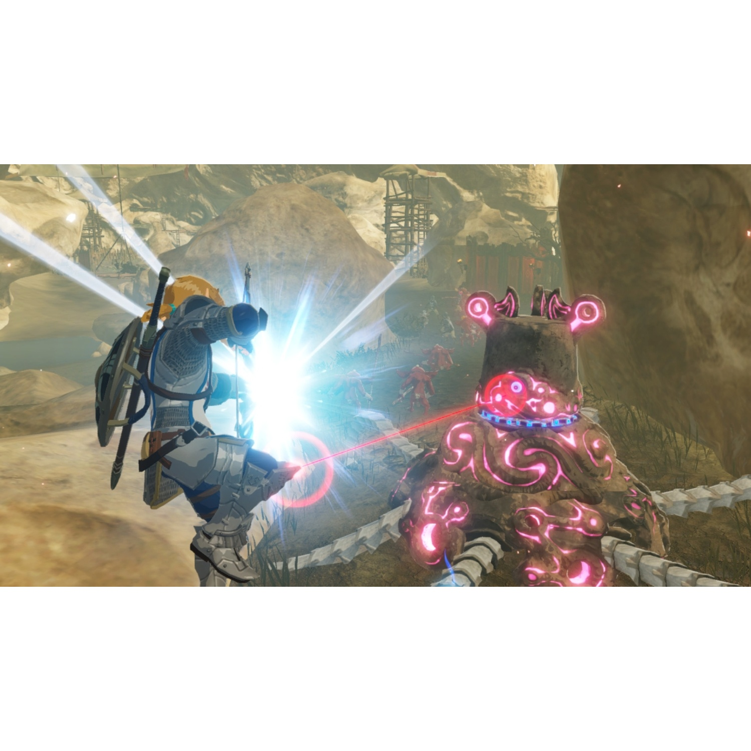 A knight fires a glowing arrow at a stone guardian in a rocky landscape.