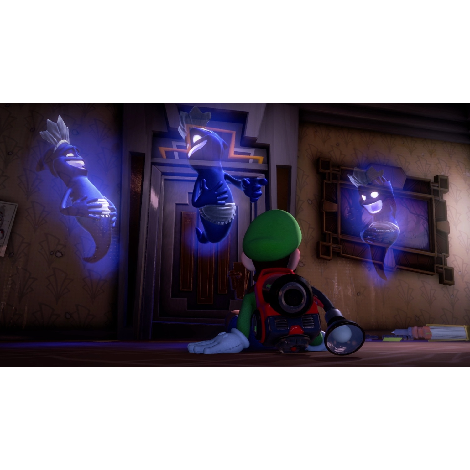 Luigi sits on a floor, facing three blue ghosts. One ghost is to his left, one above, and one to his right.