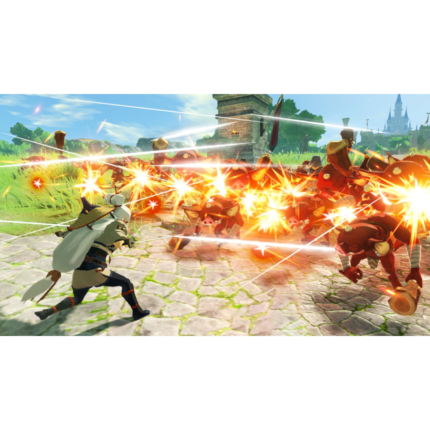 A game character battles a horde of enemies with glowing attacks.