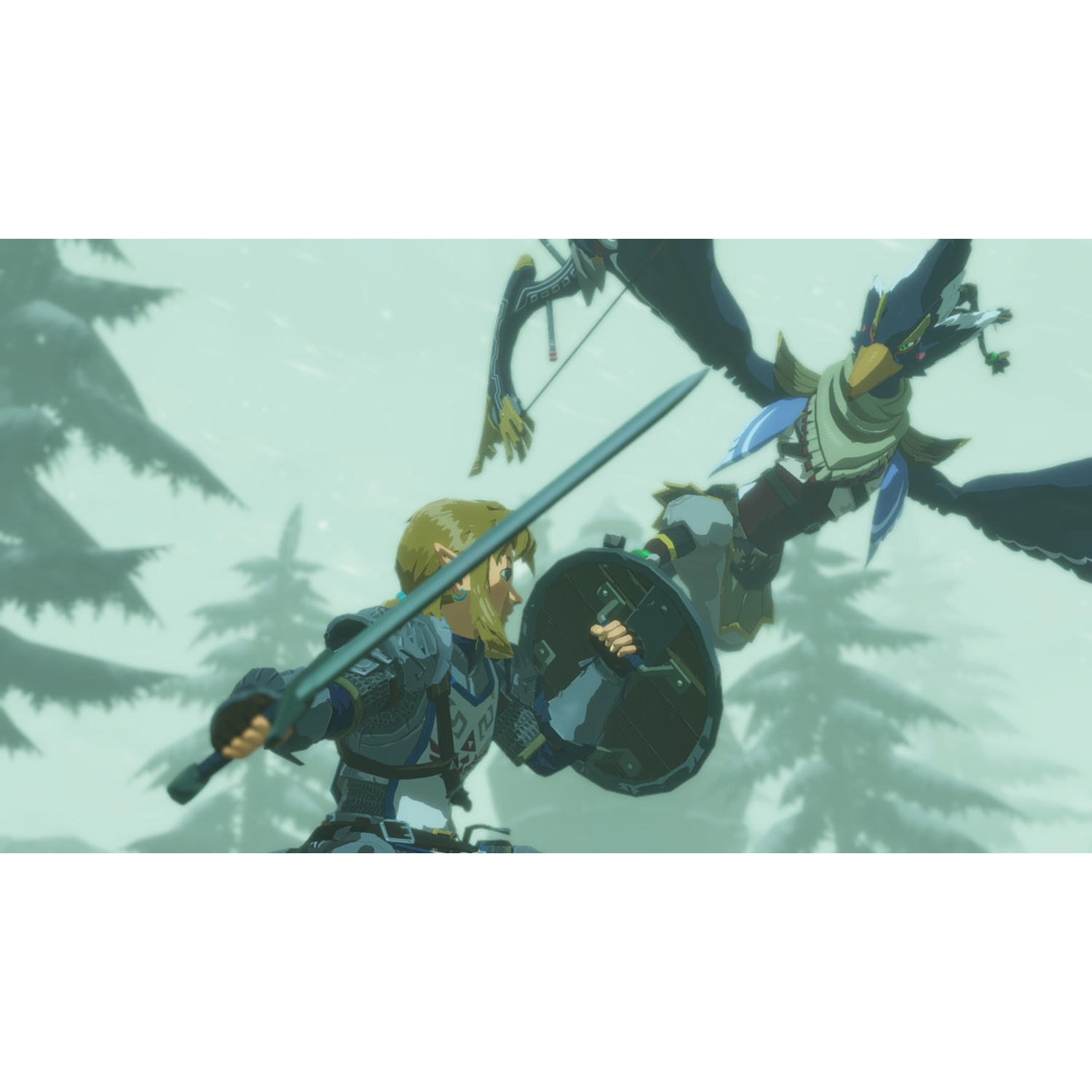 A man with sword and shield fights a winged foe in a snowy forest.
