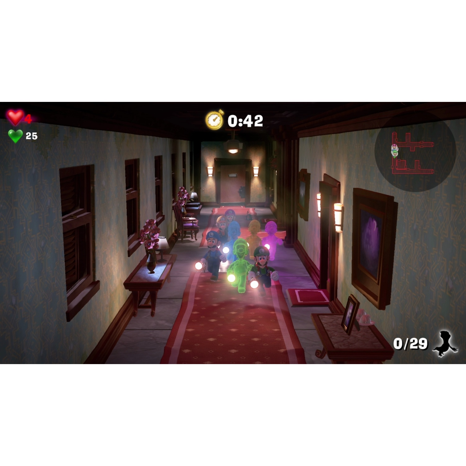 Multiple ghosts in a hallway, one character holds a flashlight.