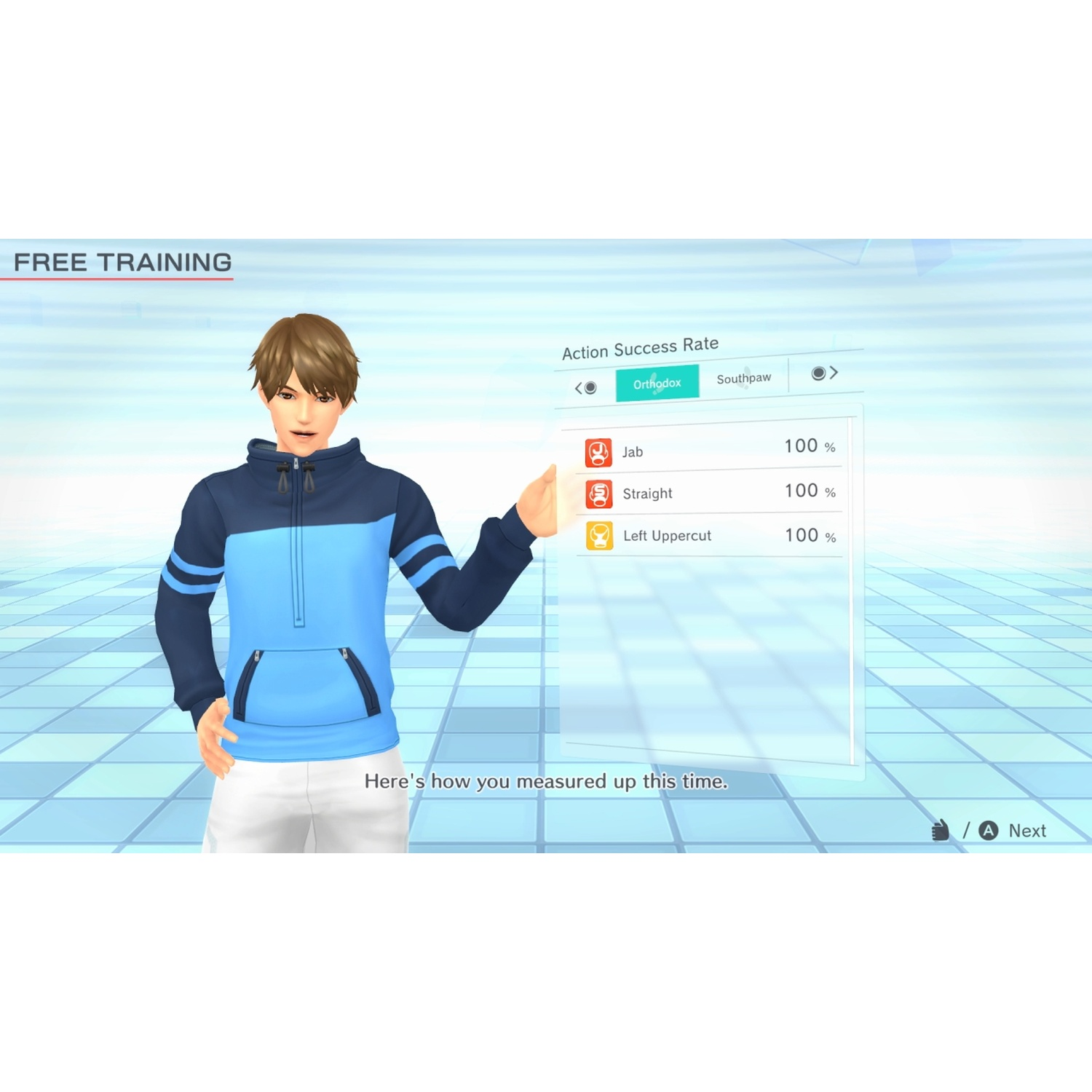 A man in a tracksuit shows a 100% success rate for all actions.