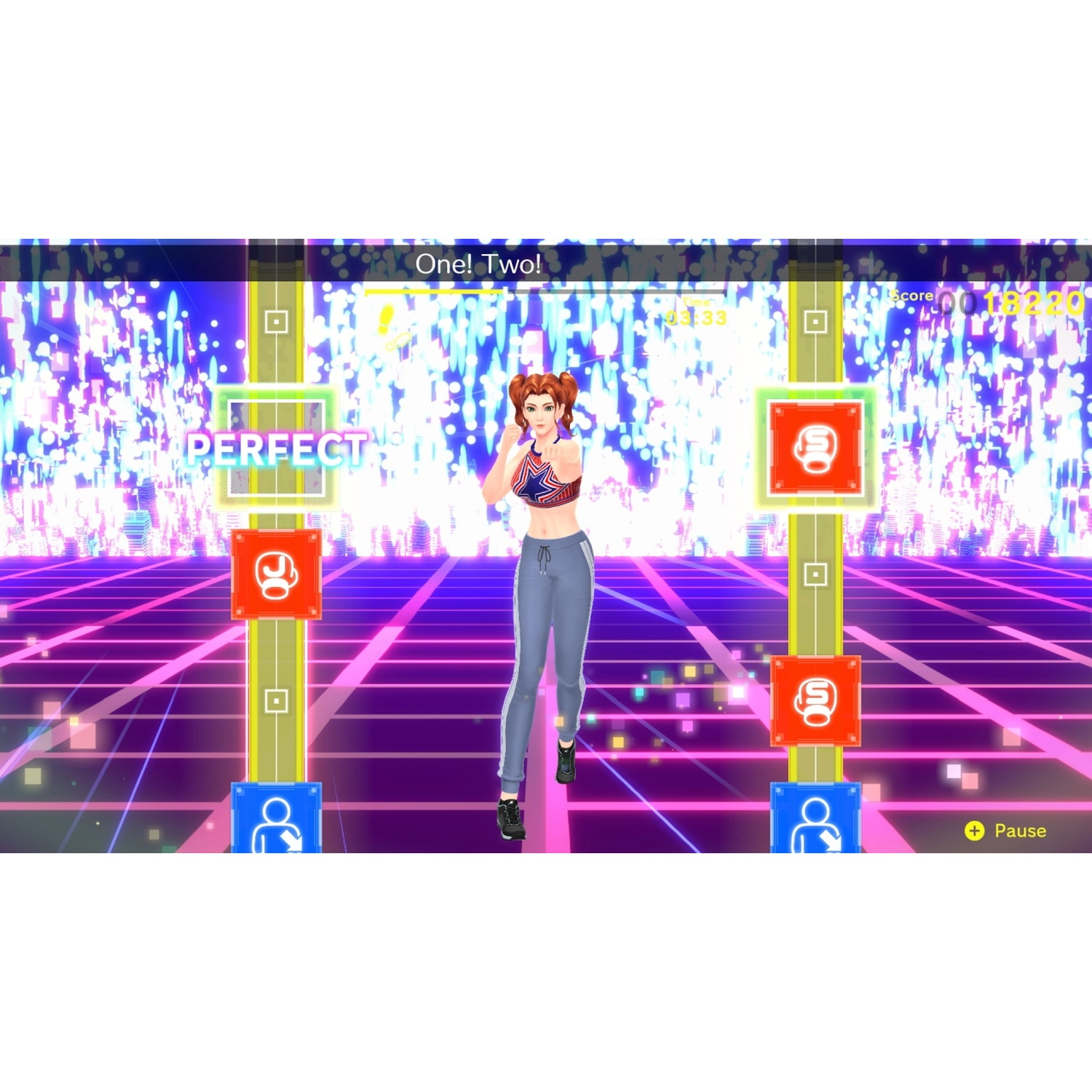 A woman boxes in front of a disco background with bright lights.