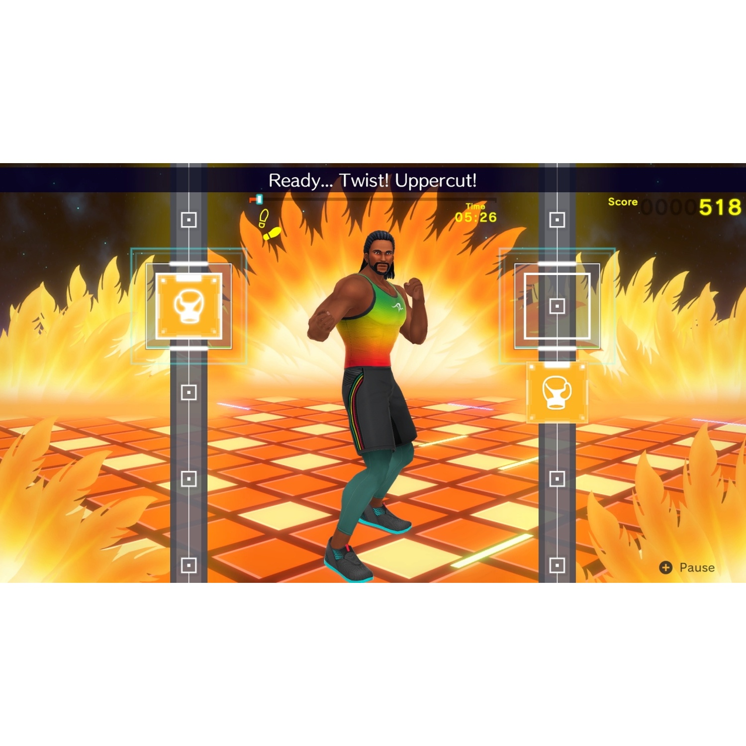 A man with a beard in a colorful tank top boxes in front of a fiery background.